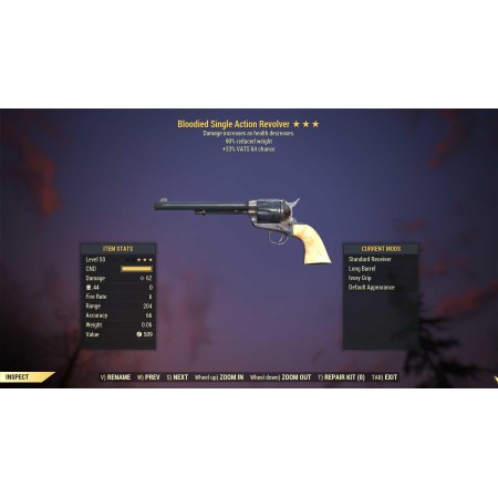 Bloodied Single Action Revolver (+33% VATS hit chance, 90% reduced weight)