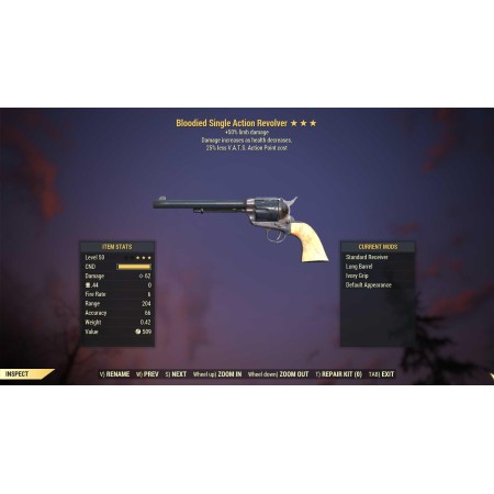 Bloodied Single Action Revolver (+50% limb damage, 25% less VATS AP cost)