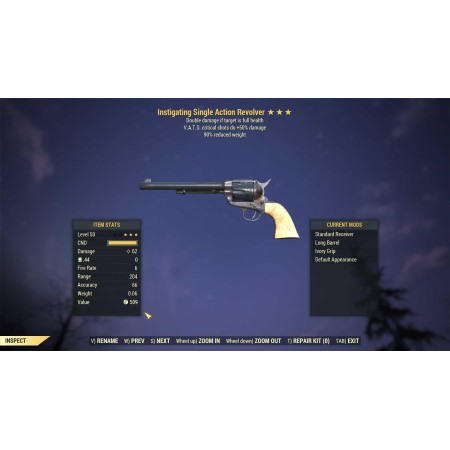 Instigating Single Action Revolver (+50% critical damage, 90% reduced weight)
