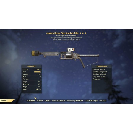 Junkie's Explosive Pipe Revolver (VATS crit fills 15% faster)