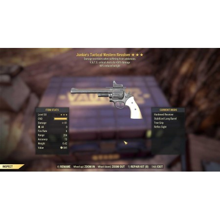 Junkie's Western Revolver (+50% critical damage, 90% reduced weight)